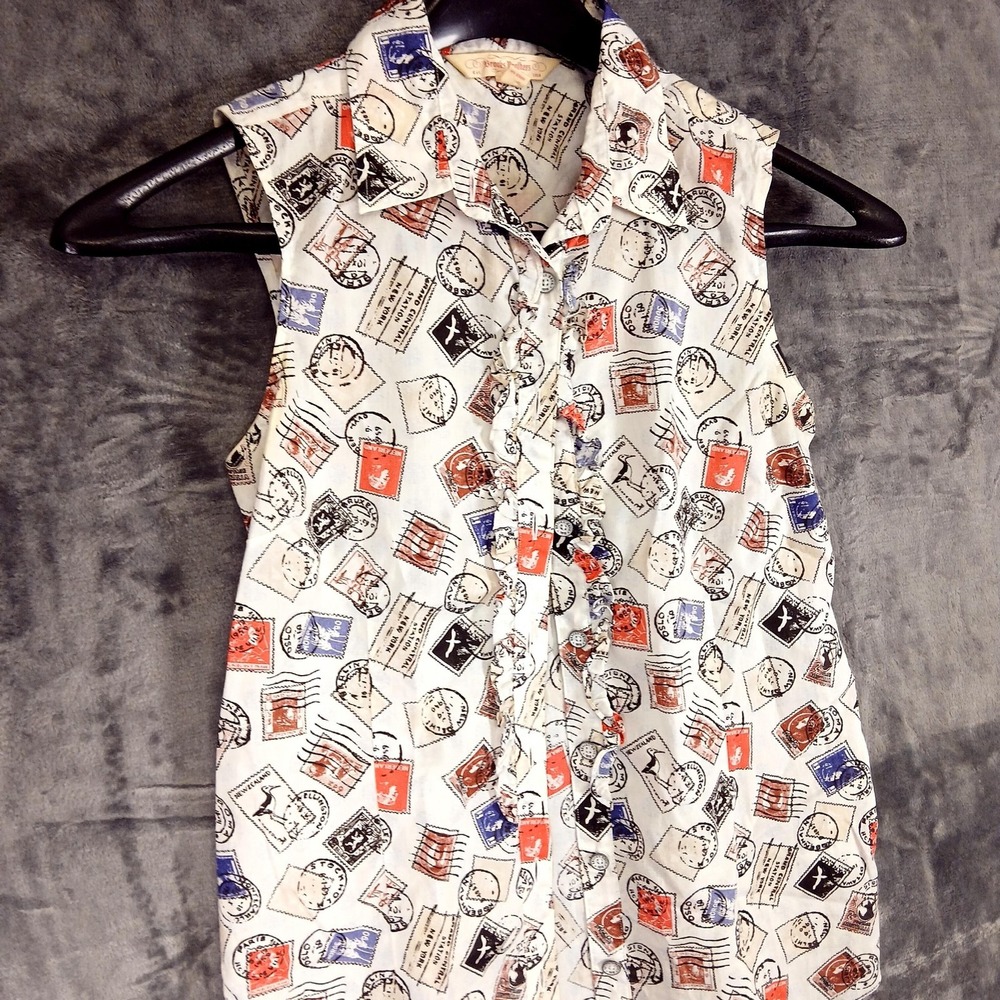 Brooks Brothers Shirt Womens 2 White Postal Stamp Print Sleeveless Ruffle Cotton - Picture 6 of 11